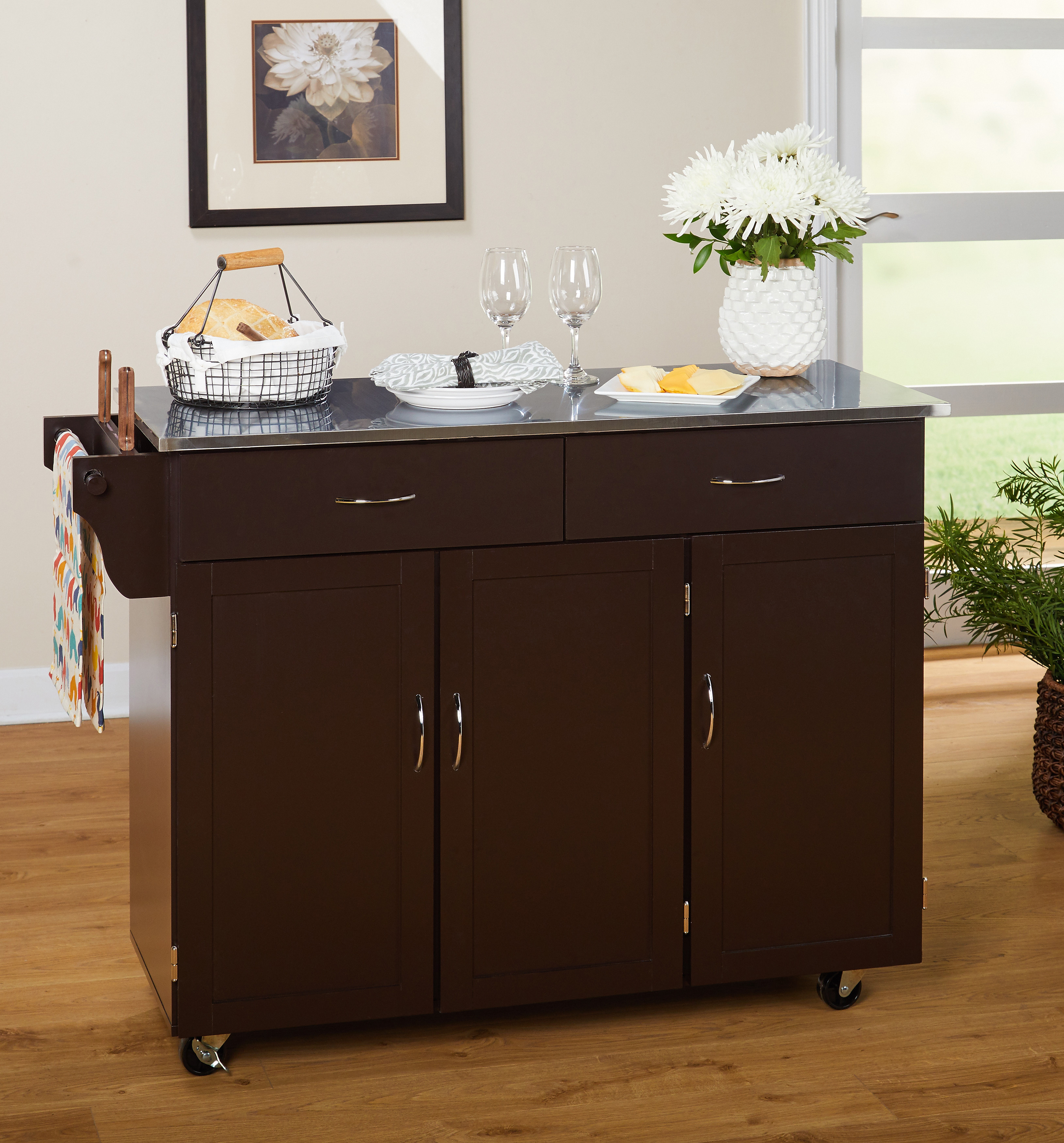 TMS Extra Large Rolling Kitchen Cart with Stainless Steel Top, Cabinets, Drawers, Adjustable Shelf, and Knife Block, Espresso