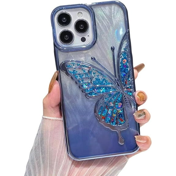 Designed for iPhone Case,Luxury Electroplated Liquid Floating Gradient Glitter Quicksand Butterfly Camera Lens Protection Shockproof Protective Cover Phone Case (iPhone 15 Pro Max,Blue)