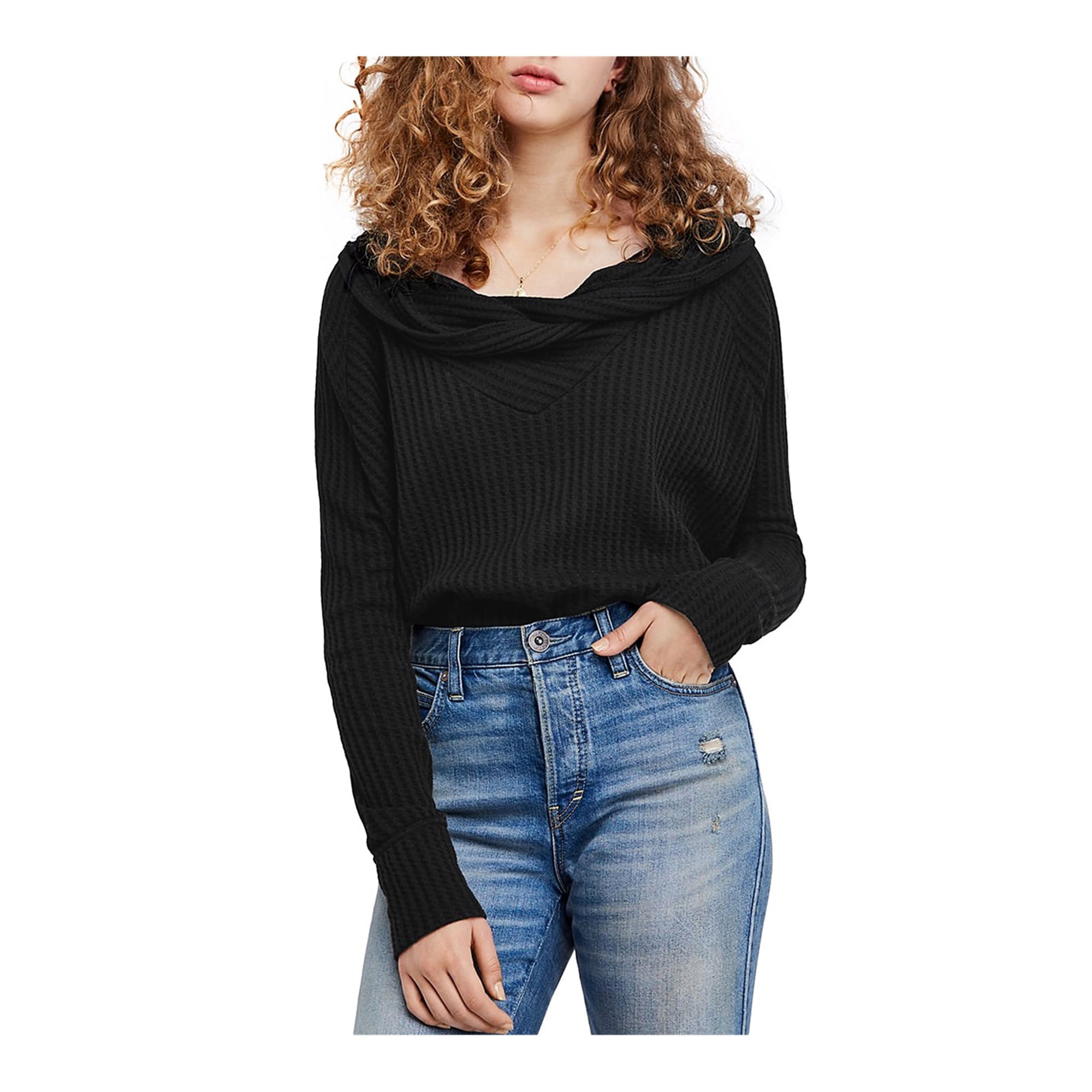 Free People Womens Wide Neck Thermal Sweater, Black, X-Small - Walmart.com