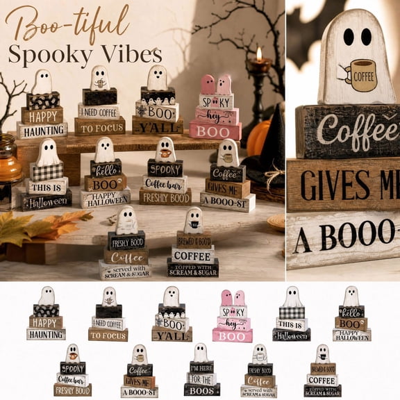 Halloween Decor Indoor 4 Pcs Ghost Stacked Blocks Rustic Farmhouse Shelf Decor for Coffee Bar Table Mantel Desktop Decor