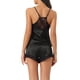 thumbnail image 3 of Conjunto de pijamas de satén para mujer INSPIRE CHIC, camisetas sin mangas con tirantes tipo racerback y pantalones cortos con encaje, conjuntos de lounge de seda, XS, negro, 3 of 6