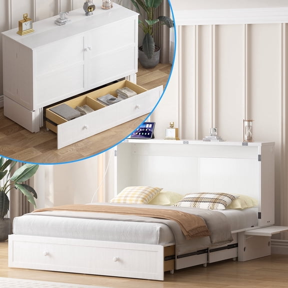 Puremind Queen Size Solid Wood Murphy Bed with Mattress, Murphy Bed Furniture with Charging Station and Storage Drawer for Bedroom/Guest Room, White