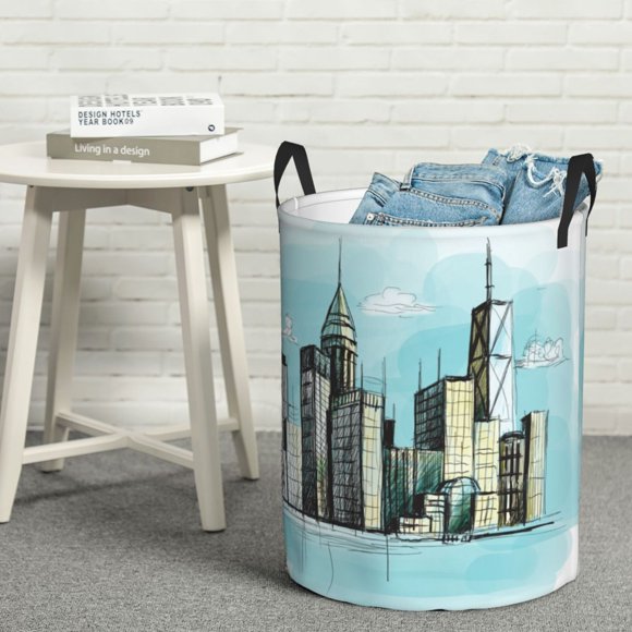 YFYANG Waterproof Laundry Hamper, Skyscraper Graffiti Laundry Basket Oxford Fabric with Handle Foldable, M