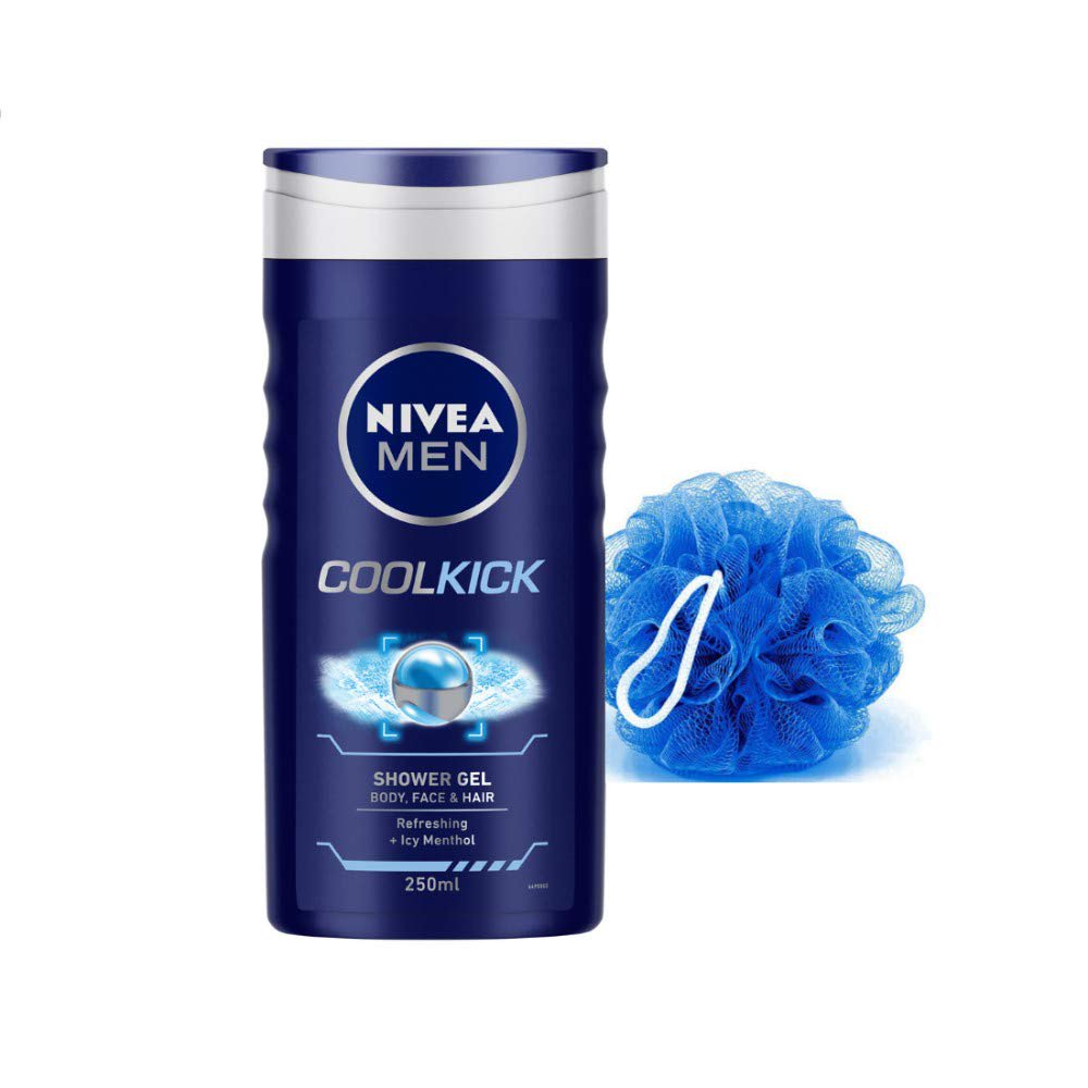 NIVEA Men Cool Kick Shower Gel, 250 ml with Free Loofah