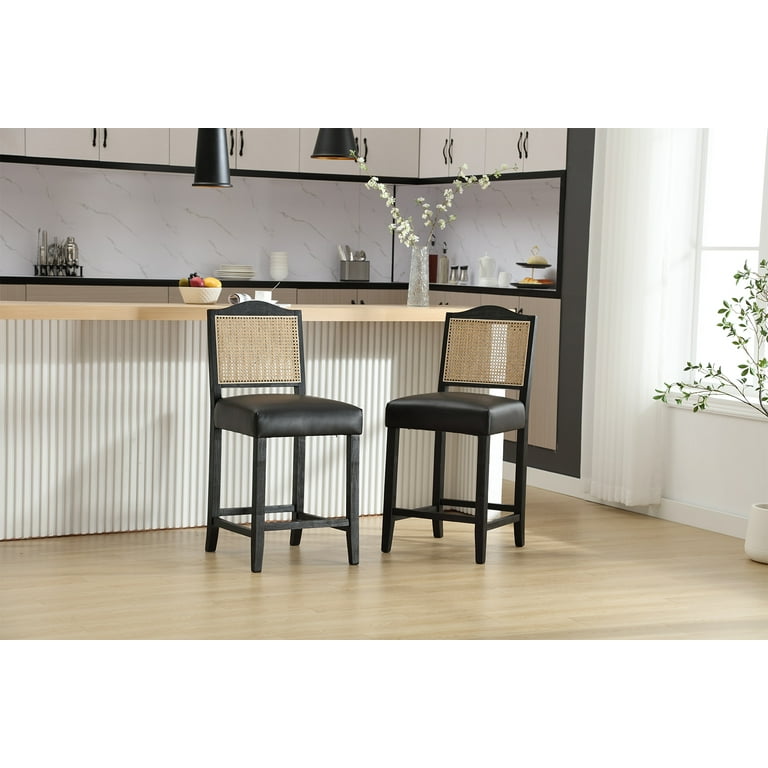Dayalane Vintage Wood Retro Bar Stools Set of 2 26 Counter Height Rattan Back PU Upholstered Black Walmart