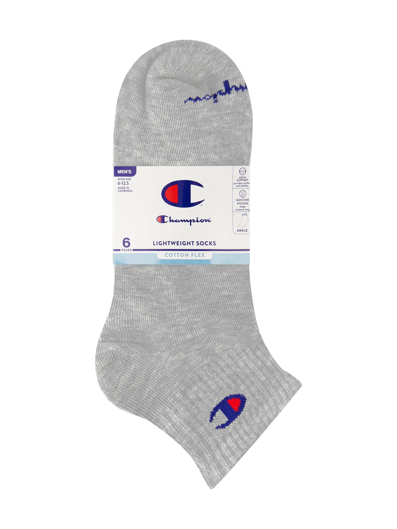 Champion Men’s Lightweight Ankle Socks 6 Pack, Moisture-Wicking, Arch Support, Stretch Comfort, Sizes 6–12.5