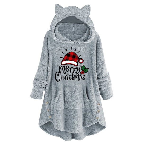 Abrigo de Invierno de Navidad Para Mujer Tops de Felpa Botones de Impresión Casual Abrigo de Felpa Con Capucha de Manga Larga Odeerbi ODB193293