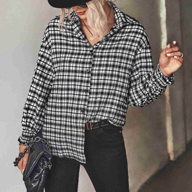 Camisa de cuello vuelto, camisa a cuadros para mujer, camisa a cuadros con mangas abullonadas, camisa a cuadros diseñada meticulosamente