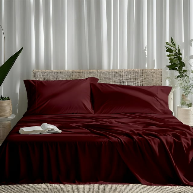 ViscoLogic EGYPTIAN COMFORT Silky Smooth Lightweight Bed Sheet Set - Brushed Micro - Deep Pocket - 4 Piece Set (Burgundy, Queen)