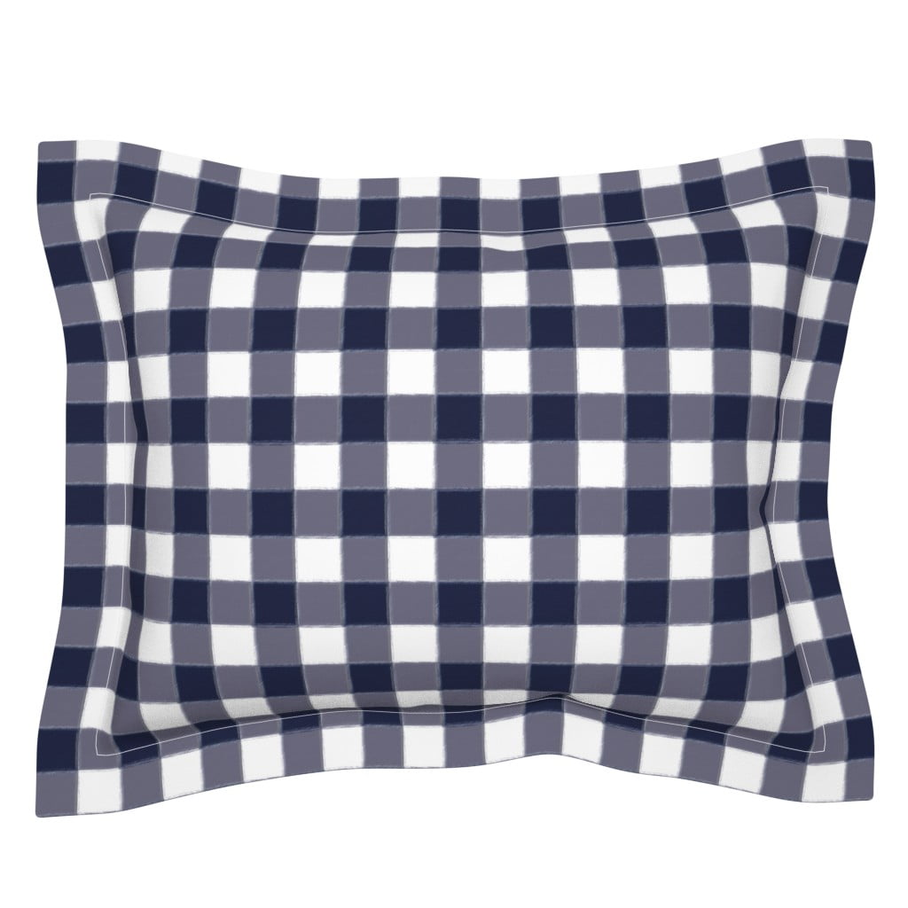 Navy Blue Gingham Plaid Buffalo Check Watercolor Modern Pillow Sham by
