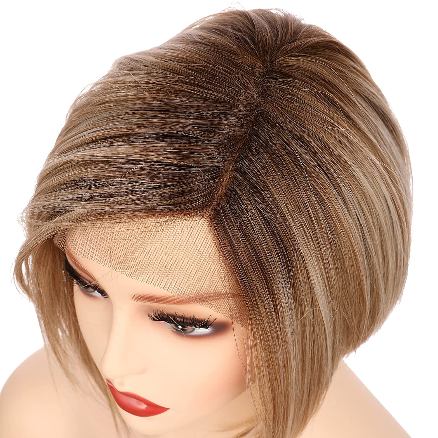 OneDor 8 Inch Angled Layers Lace Front Wig Relaxed Straight Bob wig (Dark Natural Blonde Blended & Pale Golden Blonde with Dark Roots-OT8/386/624) …
