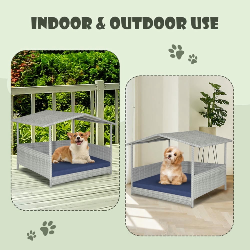 Spaco Wicker Dog House with Waterproof Roof and Washable Cushion Cover-Navy, Dog House, Indoor Outdoor Durable Ventilate Waterproof Pet Dog House