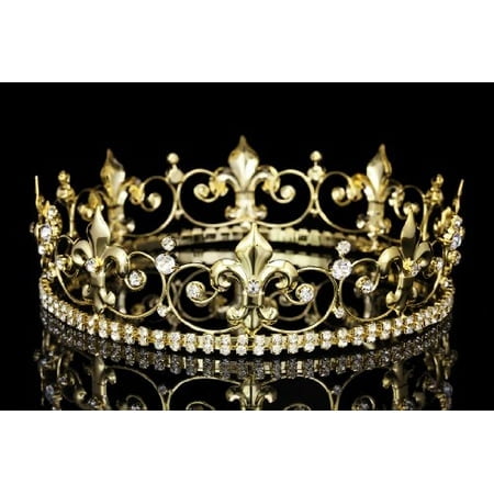 Couronne de Roi Fleur de Lis Haute 2 Pouces Ornée - Cristaux Clairs Plaqués Or T1017