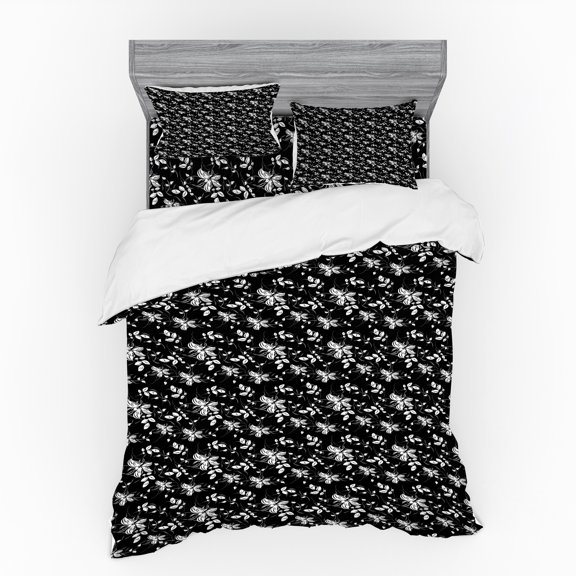 Ambesonne Autumn Bedding Set 4 Pcs, Monochrome Nature Leaves, Queen, Charcoal Grey and White