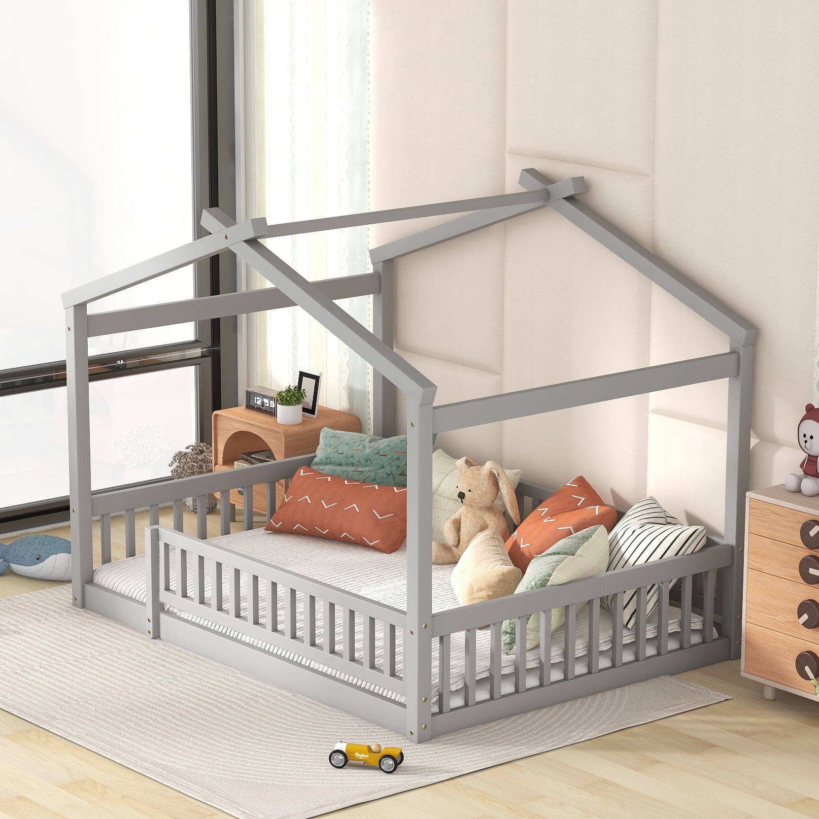 Bellemave Full Size House Floor Bed, Wooden Montessori Full Bed with Fence Railings and Support Slats, No Box Spring Needed (Gray)