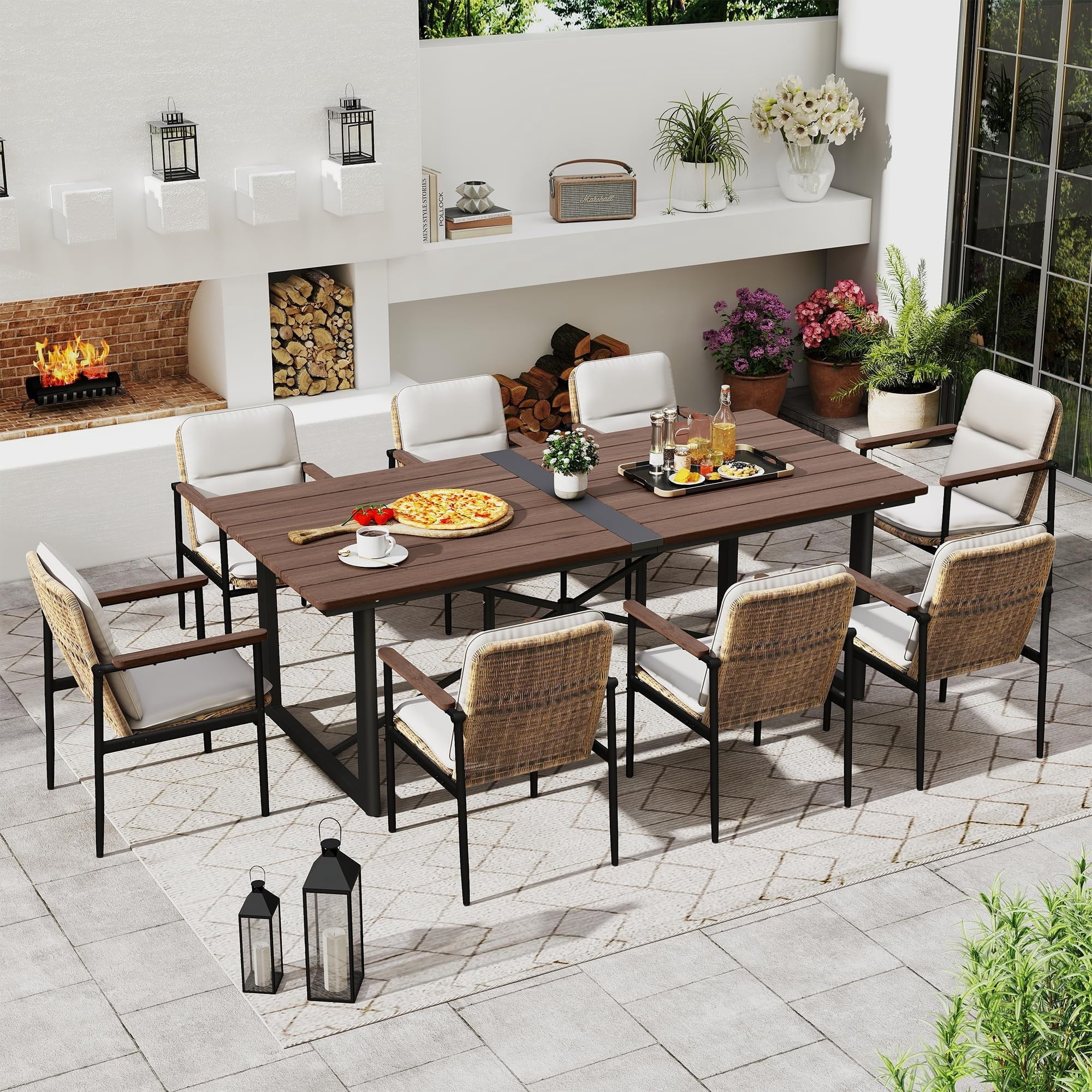 Outdoor Acacia Wood Dining Table for 8, Large Patio Table with Aluminum Frame & Umbrella Hole, Rectangle Outdoor Dining Table for Backyard Deck Garden