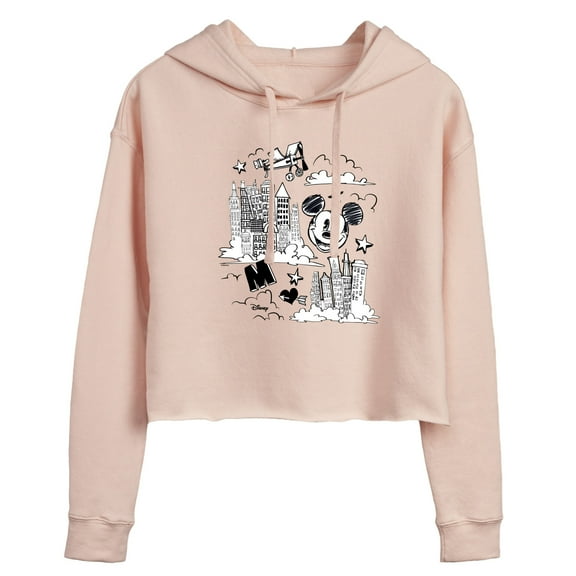 Disney - Mickey Mouse - Skyscraper, Airplanes, & Clouds Sketch - Juniors Cropped Pullover Hoodie