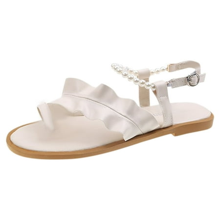 

Women s Round Toe Summer Casual Pearl Thong Flat Sandals Beach Shoes