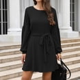 thumbnail image 2 of Robe Chandail en Tricot pour Femmes Col Rond Manches Longues Pulls Taille Nouée Décontractée Ample Automne Mini Robes avec Poches, 2 of 4