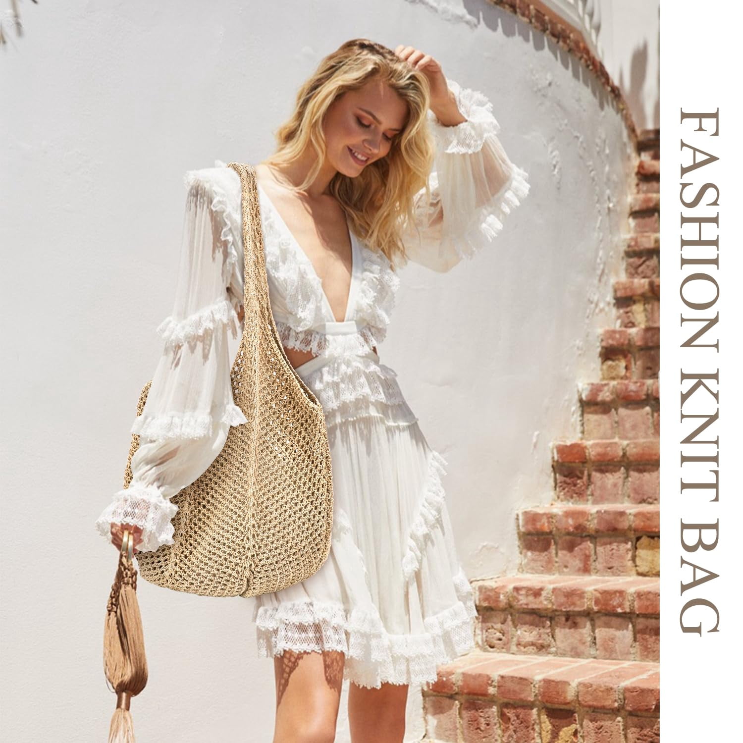 Crochet Tote Bag Beach Bags for Women Summer Bag Cute Beach Bag Mesh Beach Bag(khaki 3)