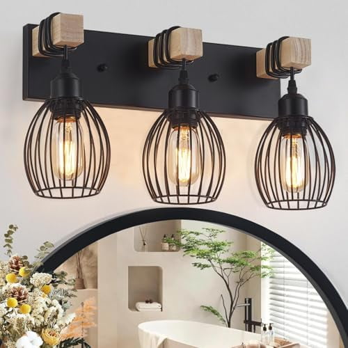 3-Light Farmhouse Vanity Light for Bathroom, Wood Wall Sconce with Elegant Teardrop Cage, Industrial Black Vanity Lights Over Mirror for Living Room Bedroom Hallway$$