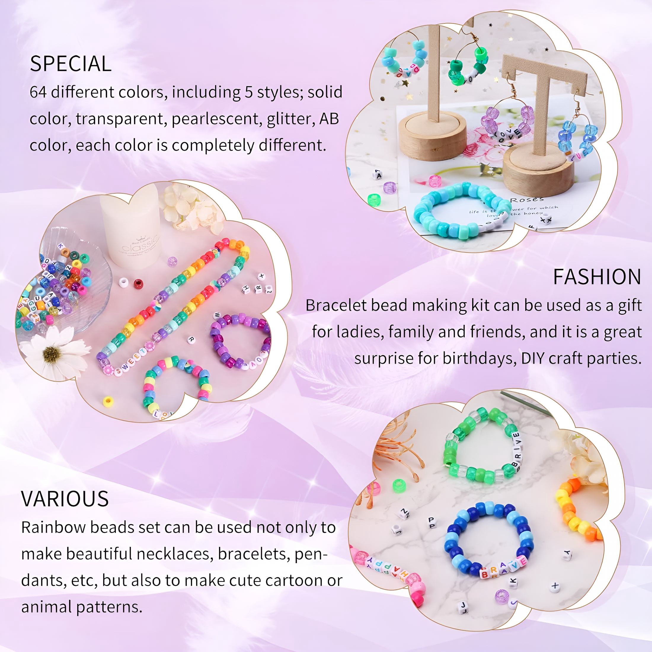 DESIGNICE 2350pcs, 64 Colors, Pony Beads for Bracelet Making Kit, Rainbow Kandi Beads Friendship Bracelet Kit, Letter Beads and Elastic Strings for Bracelet Necklace Making, Craft Gifts Set for Girls