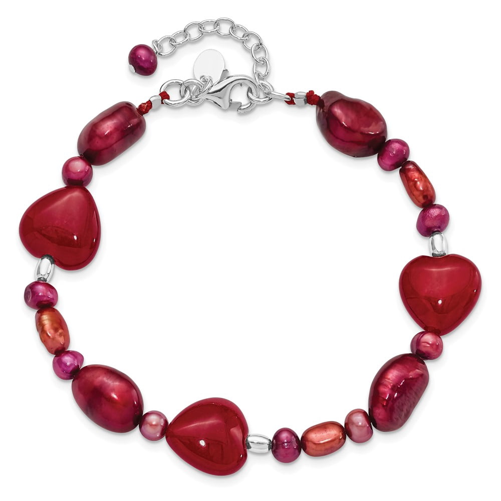 Sterling Silver Bracelet Pearl Women's mm 17 in Red Jade Hearts/FW Cultured
