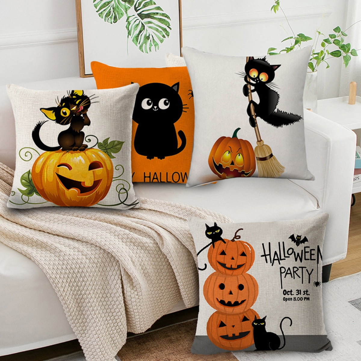 Throw Pillow Covers, Set of 4 Halloween Pillow Covers 18X18 Inch Cat Pumpkin Happy Halloween Decorations Throw Cushion Cover for Couch