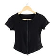 thumbnail image 4 of ZHYou Womens Zip Up Short Sleeve Tops,Active Slim Fit Stretchy Knit Ribbed Tees Round Neck Sport T-Shirts,Black,L, 4 of 4