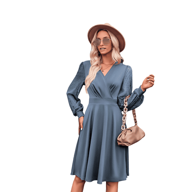 Vestido Corto Fruncido con Escote en V para Mujer, Color Azul, Talla M