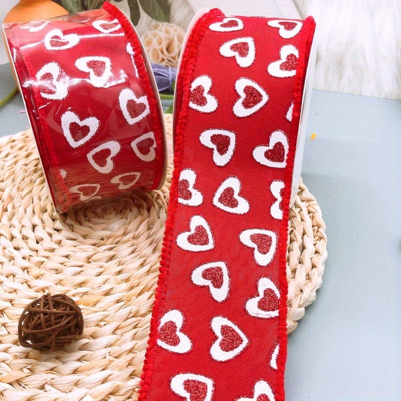 3 Rolls Valentine's Day Red Heart Ribbon, Each 2.5" X 10 Yard, Wired Heart Pattern Packaging Tape for Wreath Bow Wrapping Gifts & Party Supplies, Wedding Decorations