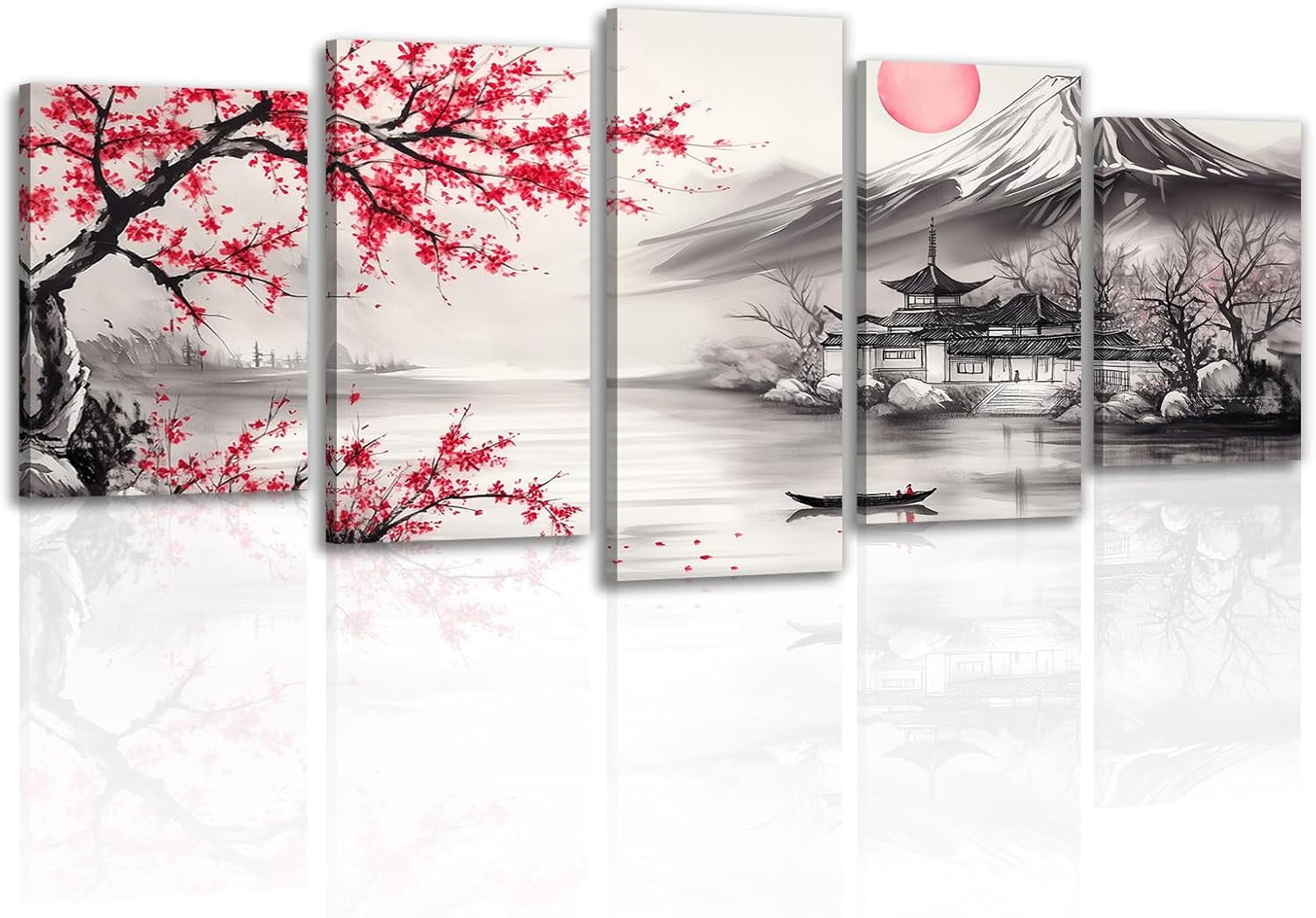 5 Pieces Japanese Canvas Wall Art Red and Black Mountain Building