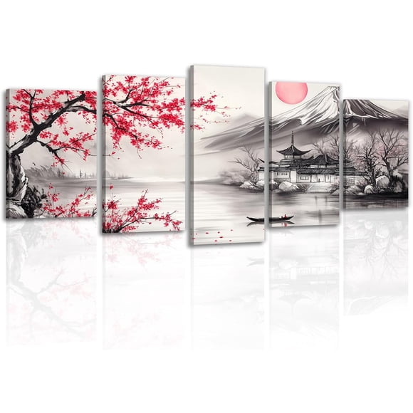 5 Pieces Japanese Canvas Wall Art Red and Black Mountain Building Landscape Painting Print Japan Traditional Artwork for Living Room Bedroom Home Wall Deco.
