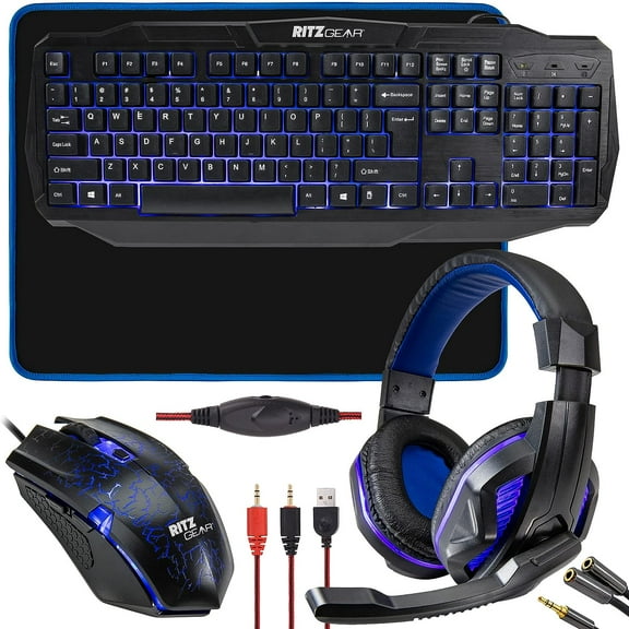 Ritz Gear 4-in-1 LED Backlight Gaming Kit (Blue) — Keyboard, Mouse, Headset & Mouse Pad Bundle