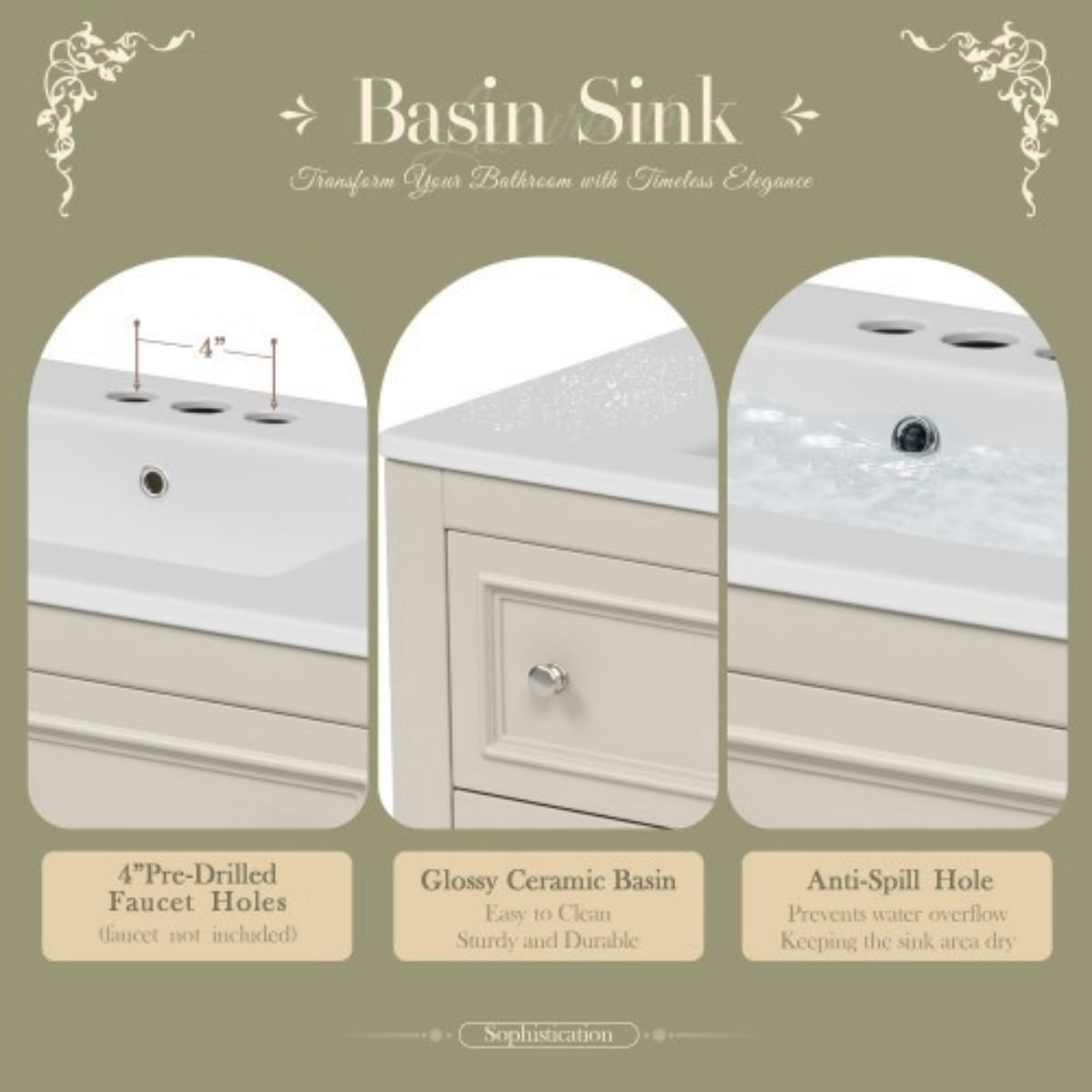 36" Bathroom Vanity with Sink, Freestanding Bathroom Vanity Cabinet with Undermount Ceramic Sink, Solid Wood Frame, 4 Drawers, Large Storage Shelf, Beige