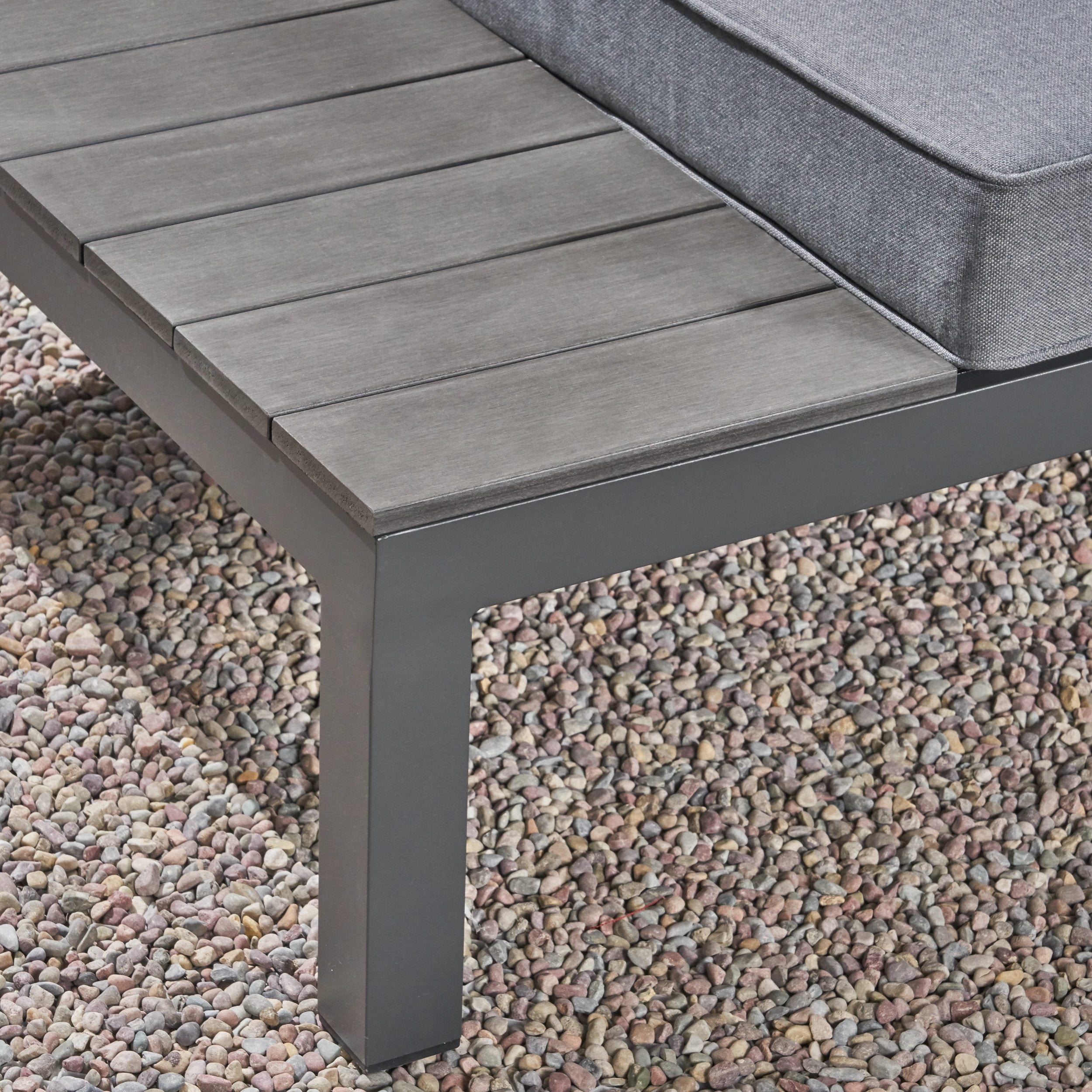Kenzie Outdoor 4 Piece Aluminum and Wood V-Shaped Sofa Set with Cushions, Gray, Dark Gray