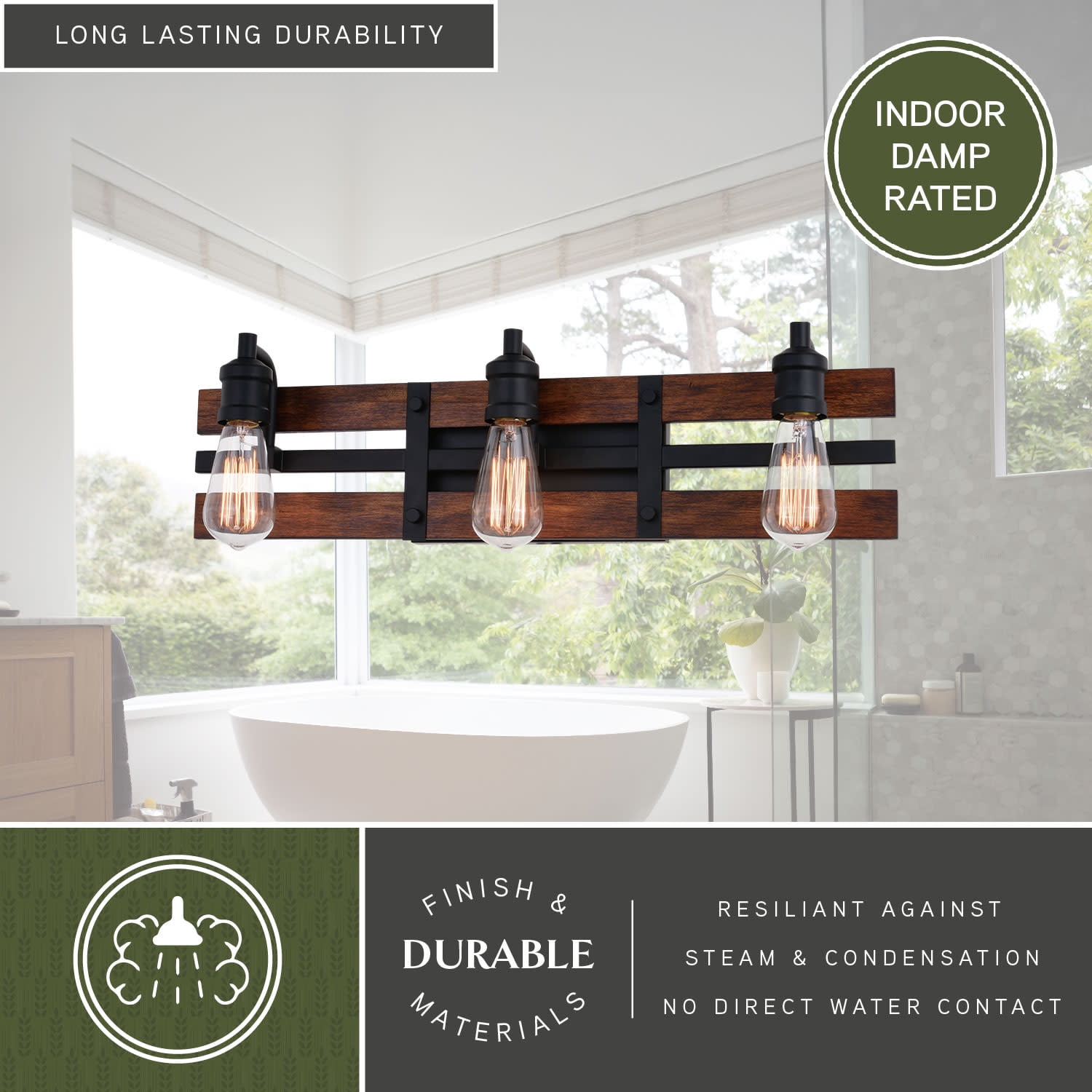 Carrington 3 Light Black and Solid Wood Walnut Finish Slat Farmhouse Bathroom Vanity Fixture