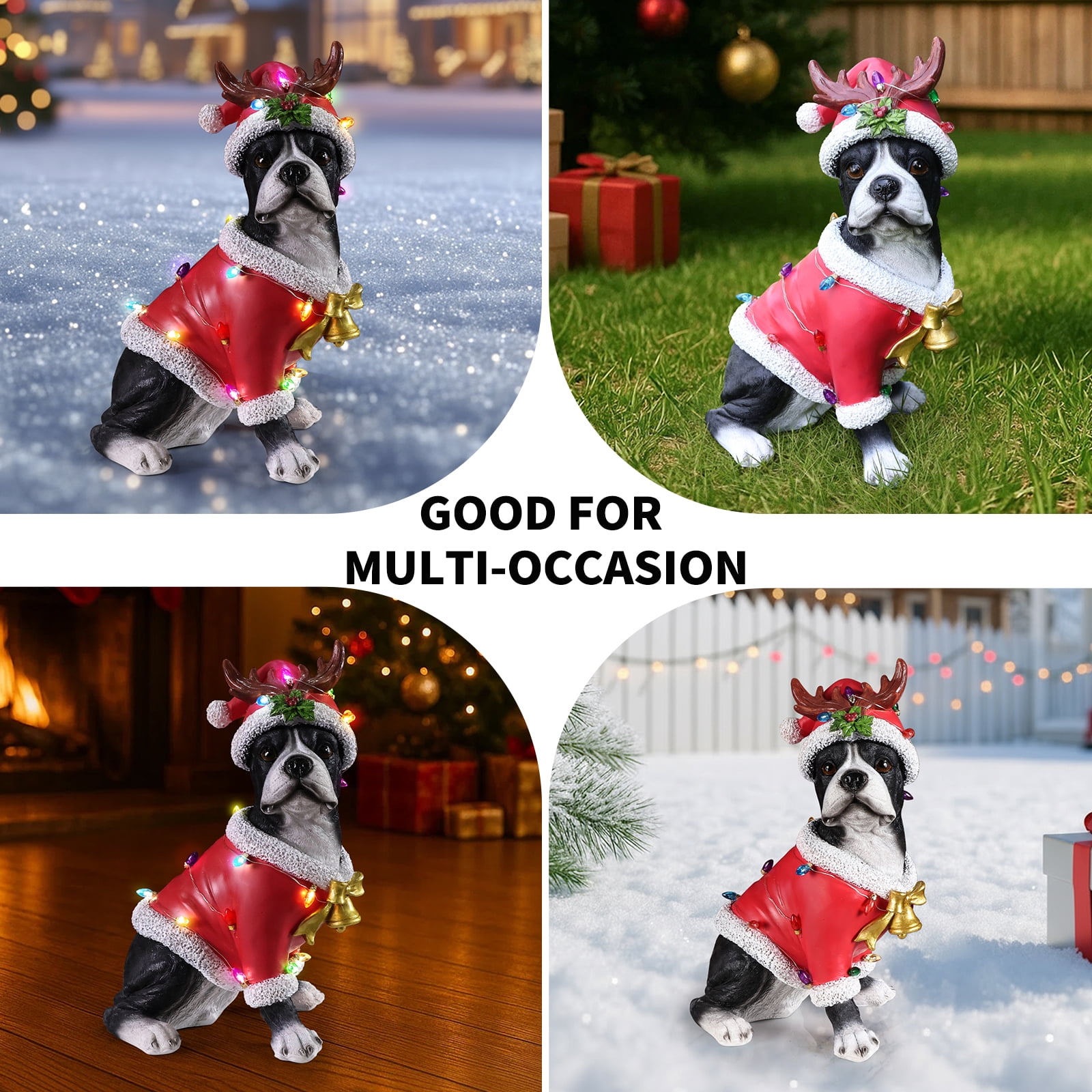 Boston Terrier Christmas Dog Statue with Santa Outfit Reindeer Antlers Holly Accents Tabletop Decor