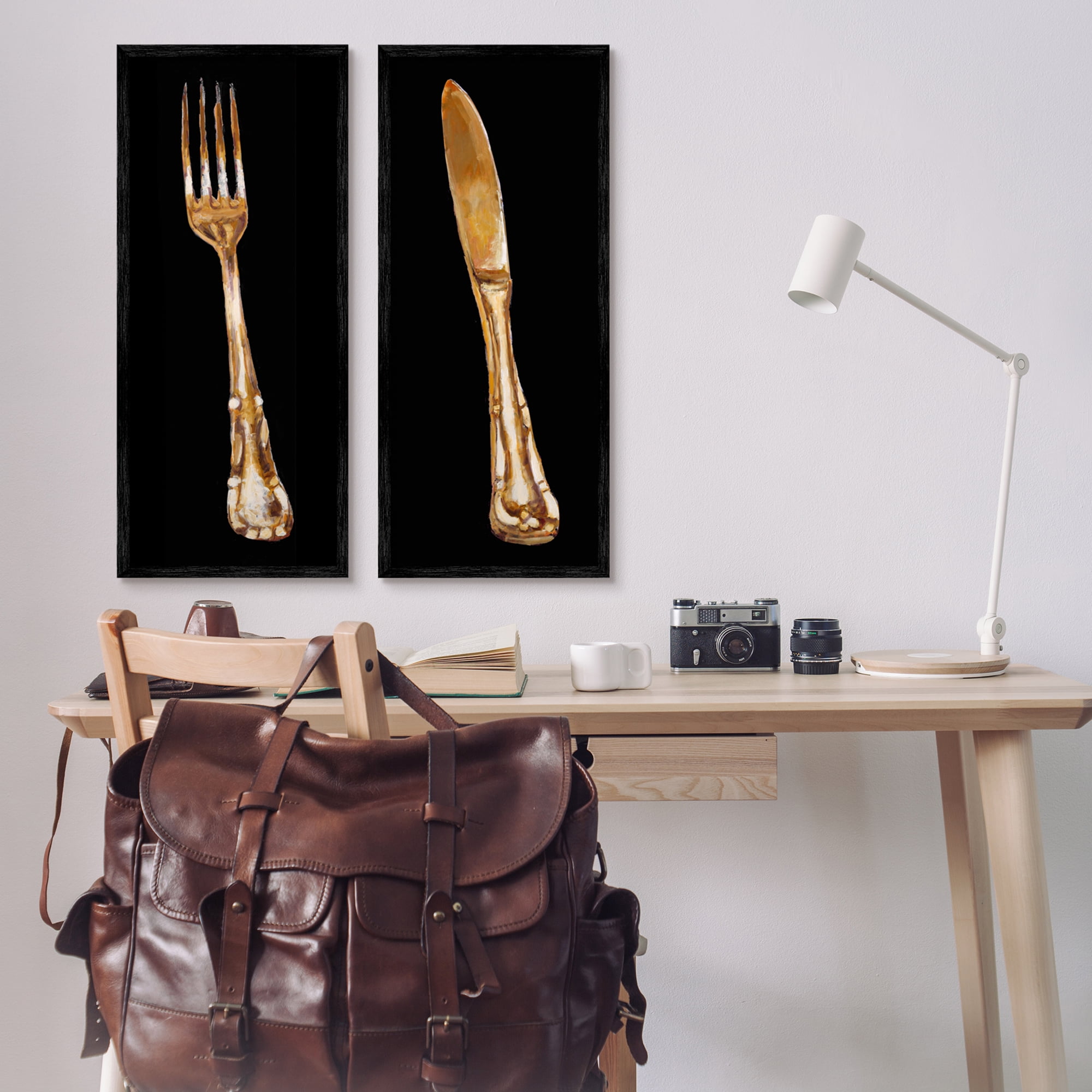 Stupell Industries Vintage Patina Cutlery Fork Knife Kitchen Portraits Framed Wall Art, 13 x 30, Design by Adolf Llovea