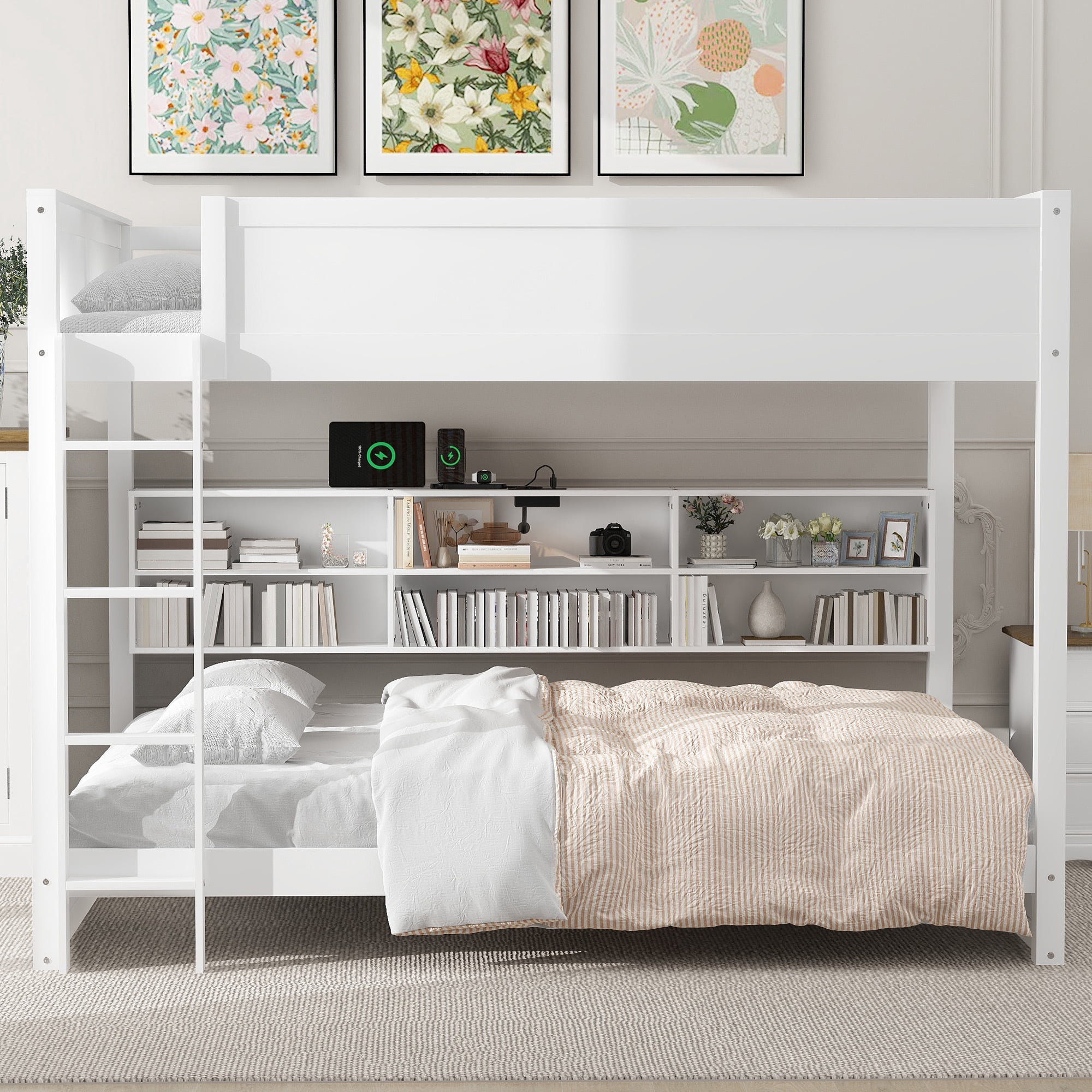 Queen over Queen Size Bunk Bed with Bookshelves, Solid Wood Queen Size Bunk Beds with USB Ports and Ladder for Kids Teens Adults, No Box Spring Needed