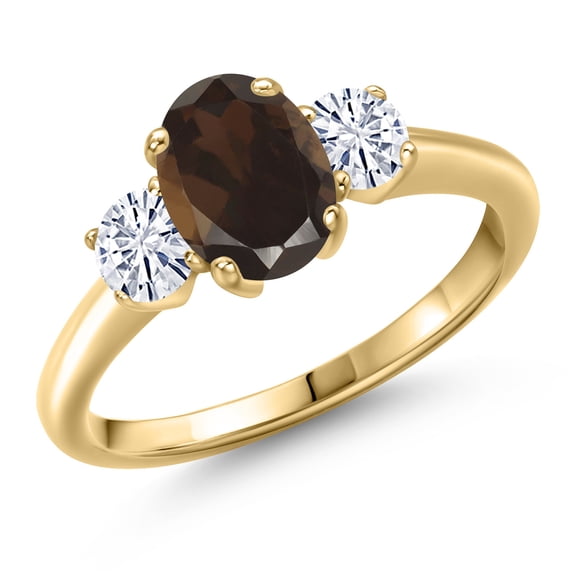 Gem Stone King 10K Yellow Gold Brown Smoky Quartz and White Moissanite Engagement Ring for Women | 1.66 Cttw | Oval 8X6MM | Gemstone Birthstone | Size 7