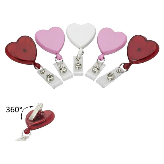 5 Pack - Cute Heart Shaped Retractable Badge Reels with 360° Swivel Alligator Pinch Clip - Great Name Badge Holder for Nurses, Teachers, DIY Bling & Office by Specialist ID (Assorted Colors)