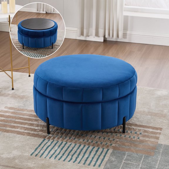NEW 31.5"W Upholstered Round Ottoman With Reversible Lid, Velvet Storage Stool, Channel Tufted Pumpkin-shape Footstool for Living room, Bedroom and Office, Navy