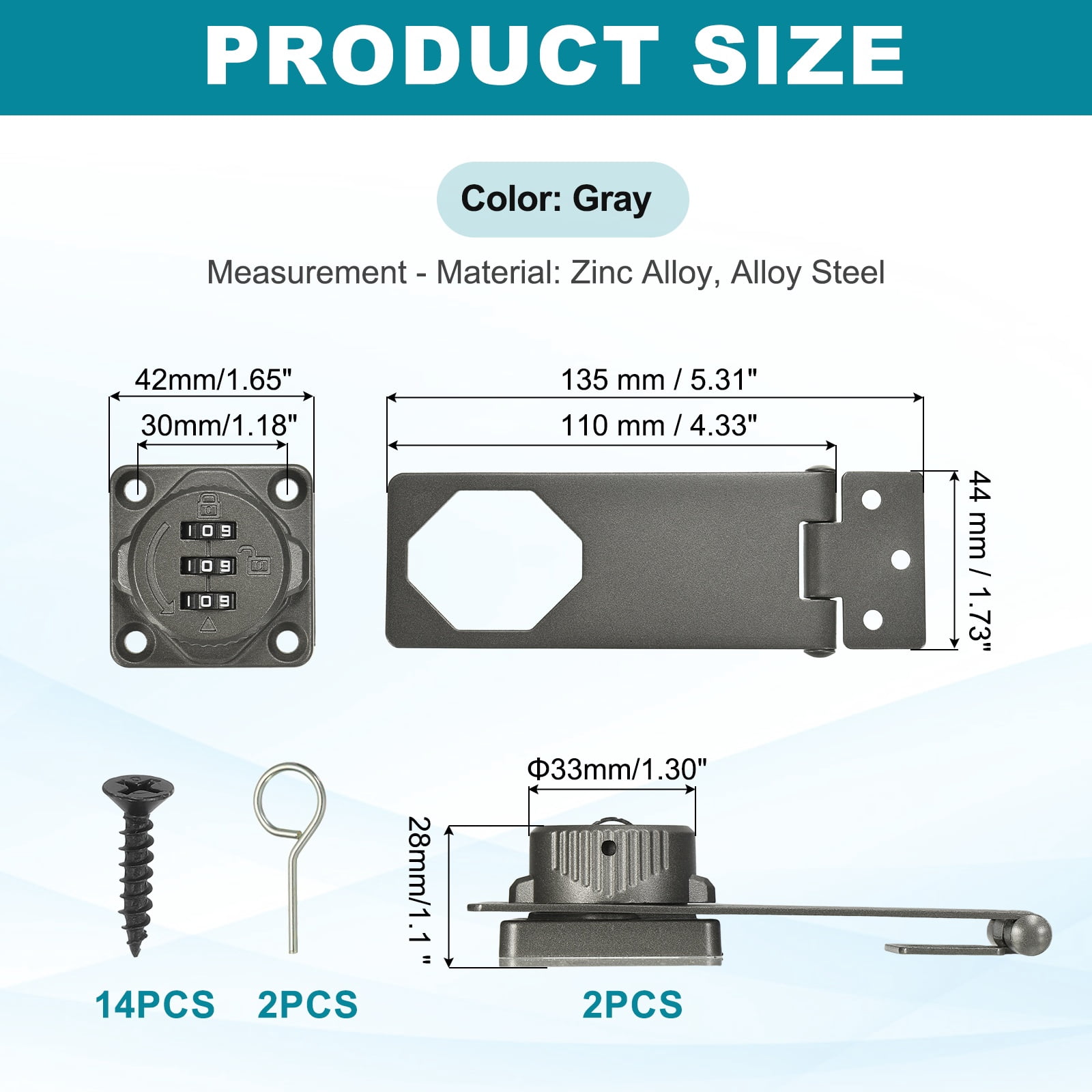 Uxcell Password Rotary Hasp Lock (5", Gray) (2 Pcs), Keyless 3-Digit Cabinet Locks with Combination Security Slide Latch, Suit For- Door/Closet/Barn/Bathroom/Outdoor/Garden