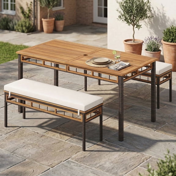 Resenkos 3-Piece Acacia Wood Patio Dining Set with Cushions for Deck, Backyard and Outdoor Living Spaces, Brown