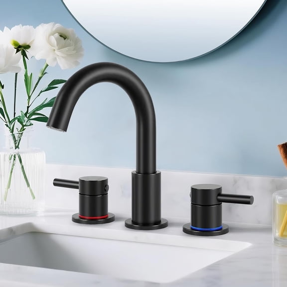Bathroom Faucet 3 Hole, Matte Black Bathroom Sink Faucet with Pop Up Drain, 8 inch Widespread Bathroom Faucet with 360° Swivel Spout, 2 Handle Vanity Faucet with Water Supply Hoses