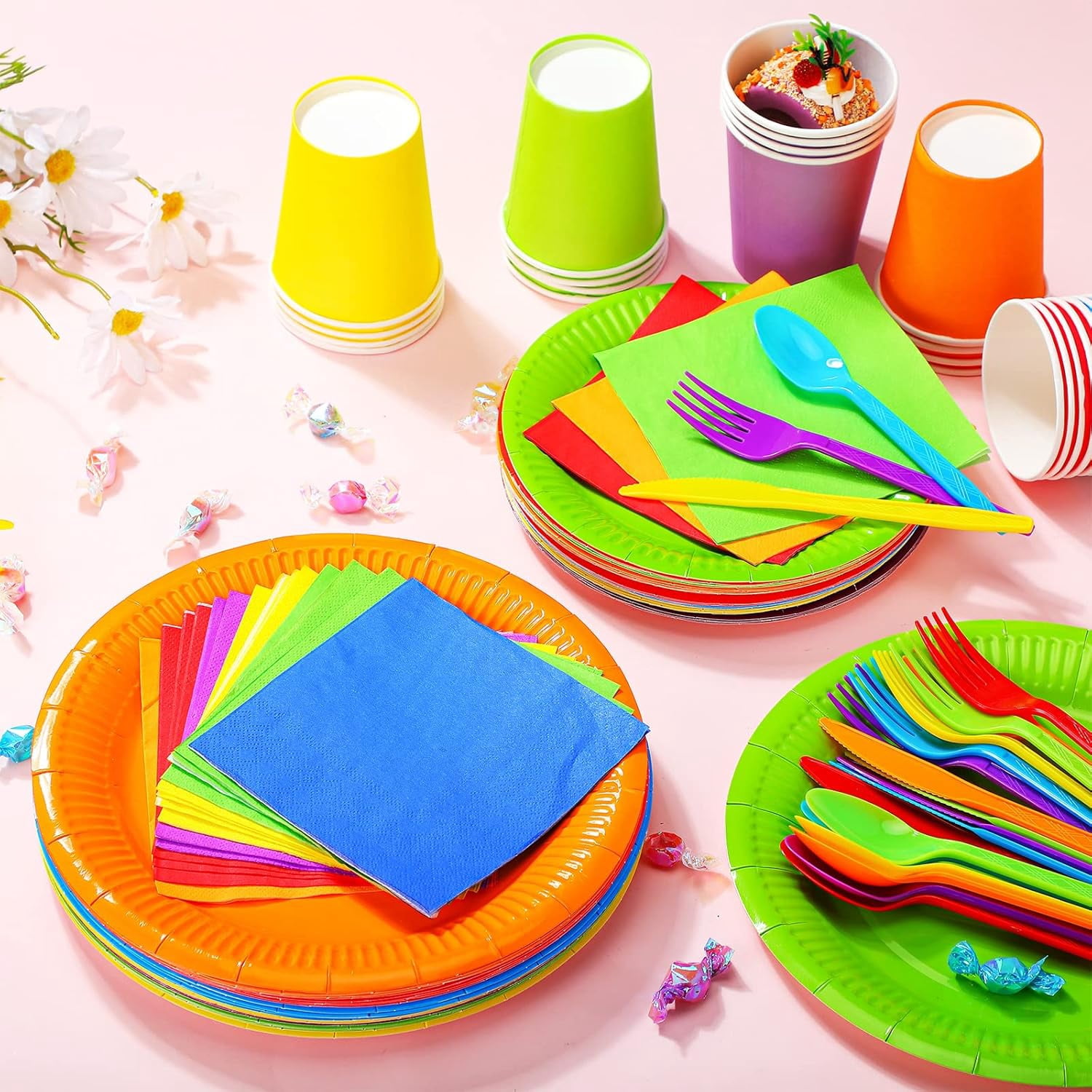 120 Pcs Colourful Paper Party Tableware Set, Boriyuan Rainbow Party Supplies Include 7" & 9" Paper Plates and 9oz Cups Napkins for Birthday Wedding Party Decorations, Serve 30 Guests