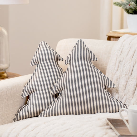 Striped Tree Christmas Throw Pillows - 17" x 14.5" - Gray and White - Set of 2