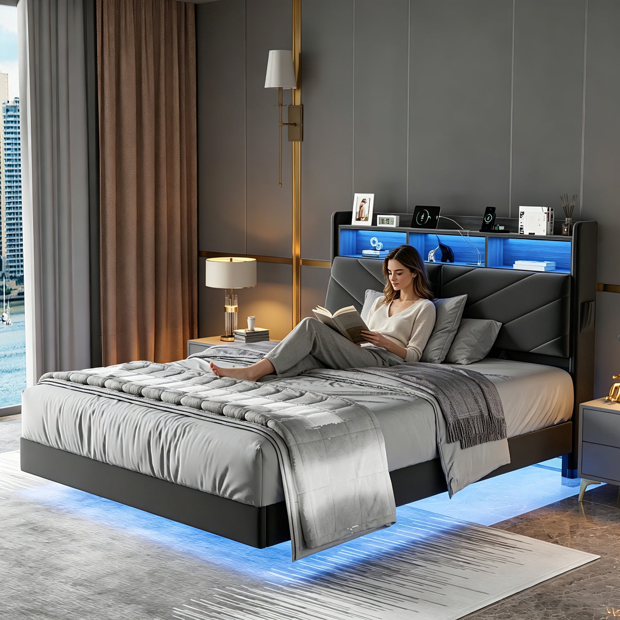Anyact Full Size Floating Bed Frame with LED Upholstered Platform, Velvet Bed Frame & Ergonomic Storage Headboard, Charging Station, Gray