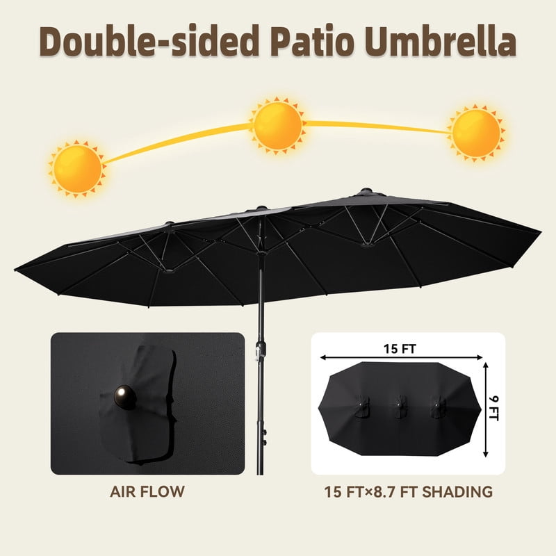 Meetleisure 15FT Large Patio Umbrella with Base Included, Outdoor Double Sided Rectangle Umbrella, Crank Handle, 12 Sturdy Ribs, for Deck Porch Pool, Black
